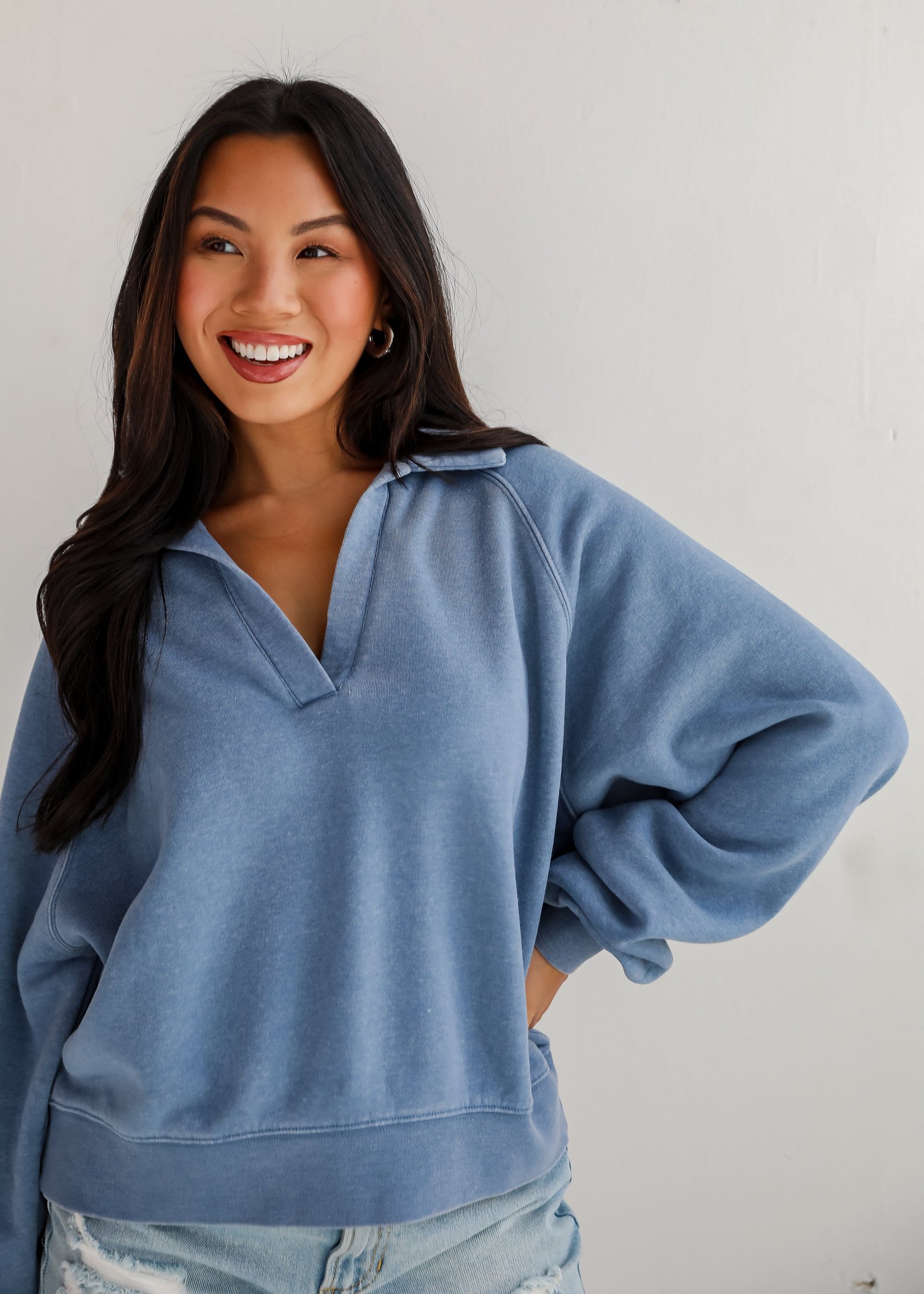 Comfy Culture Denim Collared Pullover - DU DEAL