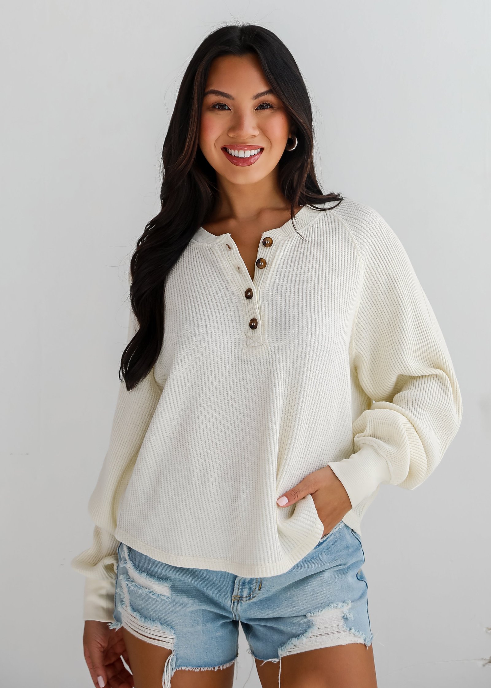 Relaxing Weekend Ivory Waffle Knit Henley Top - DU DEAL