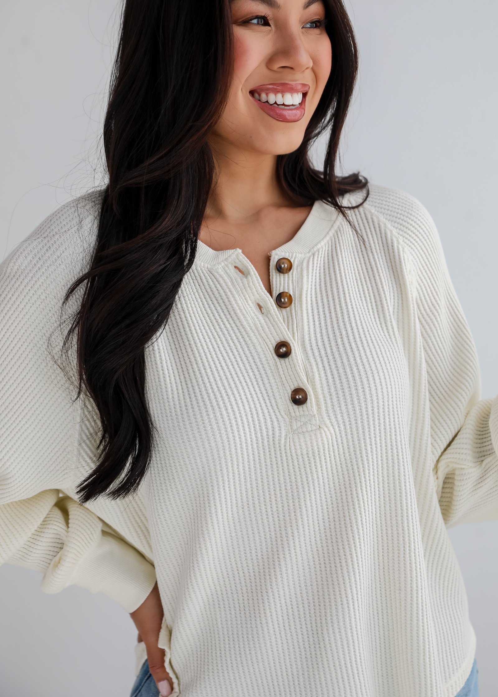 Relaxing Weekend Ivory Waffle Knit Henley Top