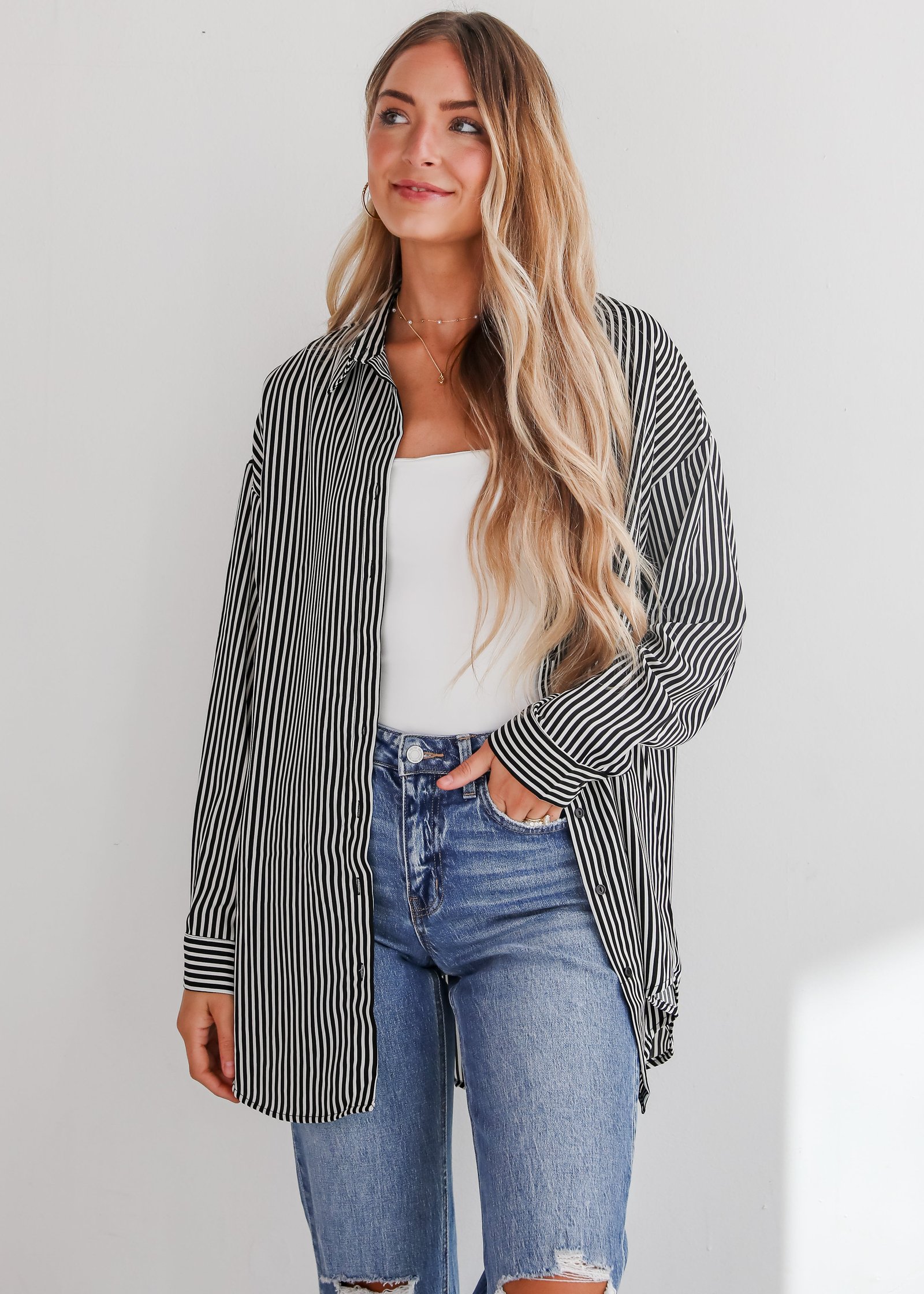 Playfully Composed Black Satin Striped Button-Up Blouse